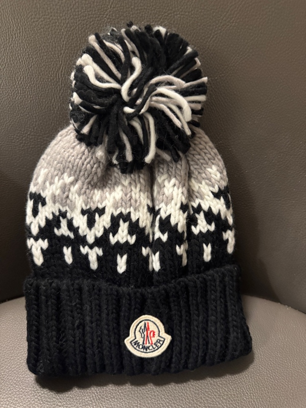 Moncler Black, Gray & White Pom-Pom Knit Beanie
